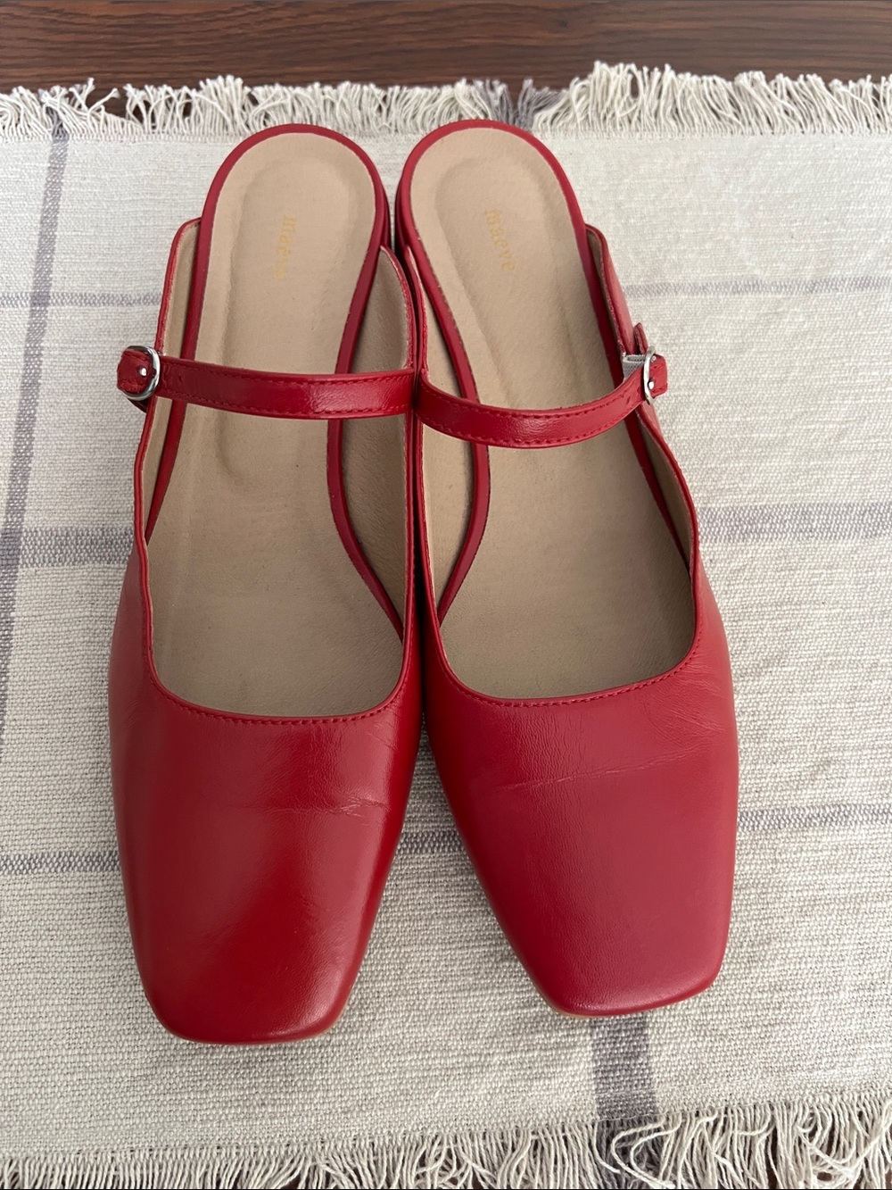 Maeve Red Square-Toe Mary Jane Strap Mules